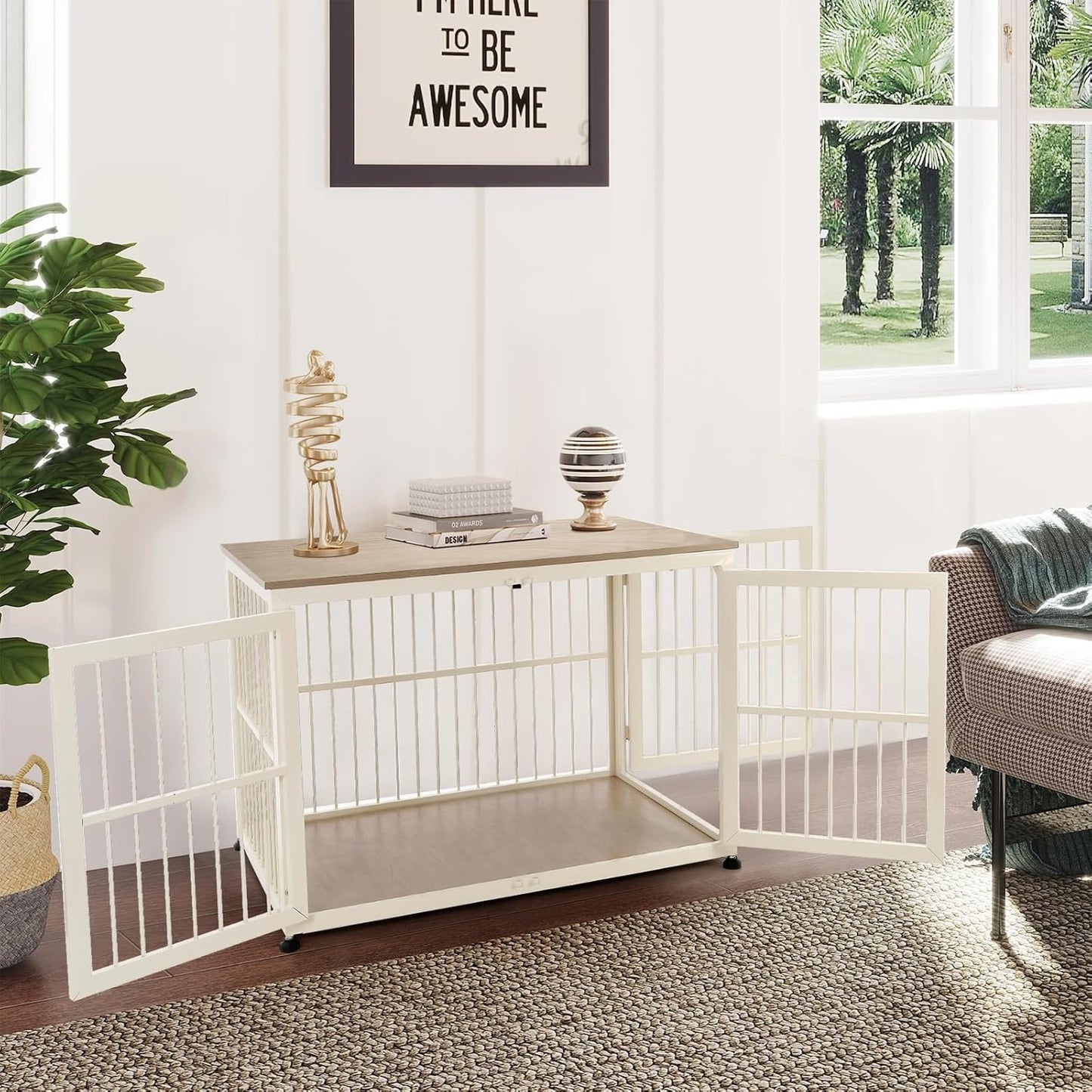 32 Inch Heavy Duty Dog Crate Furniture for Medium and Small Dogs, Decorative Pet House End Table, Wooden Cage Kennel Furniture Indoor with Double Doors, Sturdy Dog Cage for Anxiety Dog