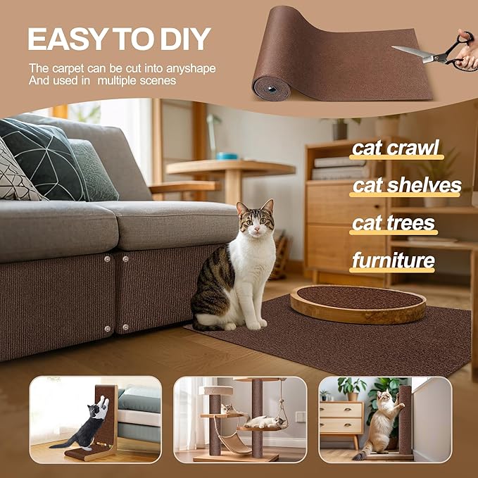 78.7"x15.8" Cat Scratch Mat Couch Furniture Protector,DIY Climb Cat Scratcher for Cat Couch Furniture or Wall Protector,Covering Cat Tower for Claws Scratching for Indoor (Brown)