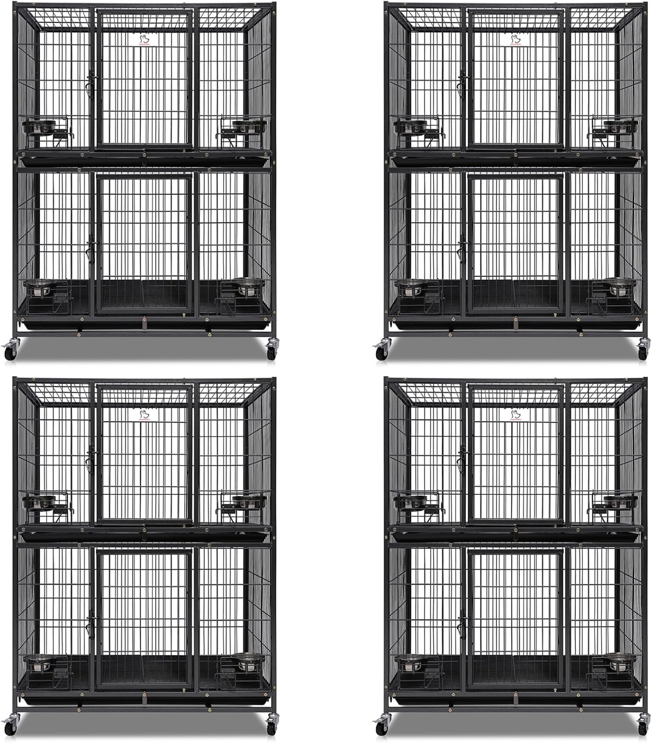 Homey Pet Two Tiers 37 Inch Dog Crate Cage Kennel with Feeding Door and Bowls, Lockable Wheels and Removable Tray, Escape Proof Metal Wire Heavy Duty Dog Crates for Medium/Small Sized Dogs (4 Pack)