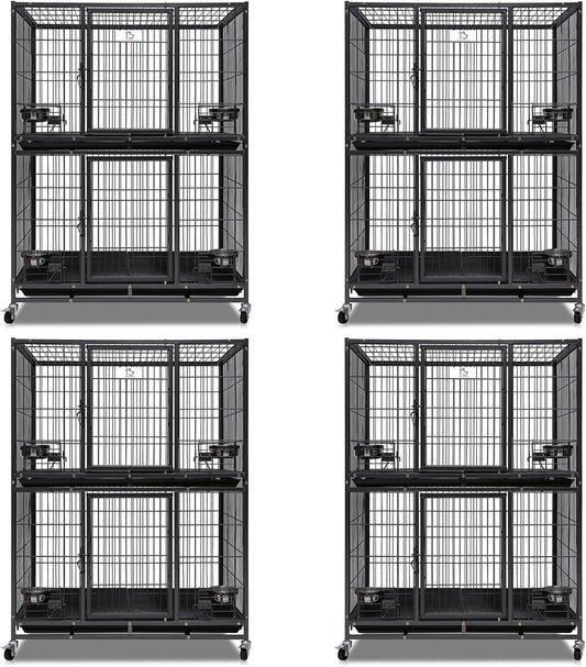Homey Pet Two Tiers 37 Inch Dog Crate Cage Kennel with Feeding Door and Bowls, Lockable Wheels and Removable Tray, Escape Proof Metal Wire Heavy Duty Dog Crates for Medium/Small Sized Dogs (4 Pack)