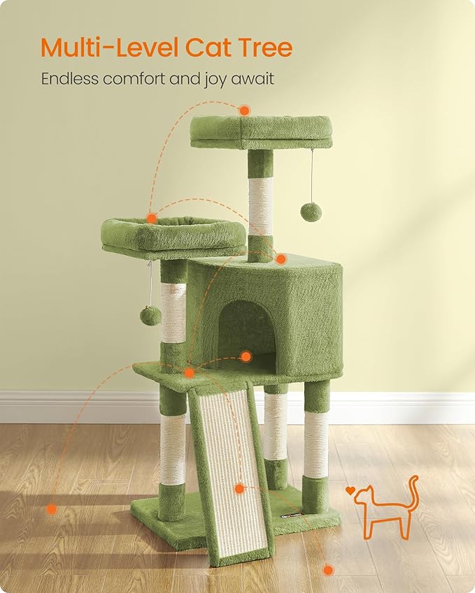 Feandrea Cat Tower, Cat Tree for Indoor Cats, 45.3-Inch Cat Condo with Scratching Post, Ramp, Perch, Spacious Cat Cave, for Kittens, Elderly Cats, Adult Cats, Small Space, Grass Green UPCT141C01