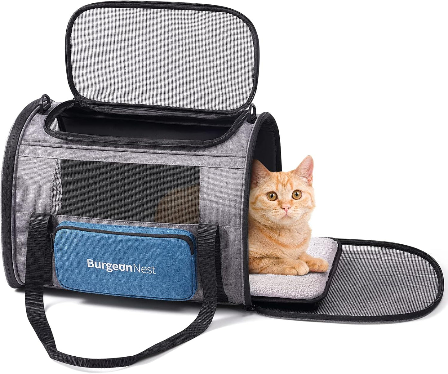 BurgeonNest Cat Carrier for Large Cats 20 lbs,Medium Pet Under 25 lbs,2 Puppy and Small Dogs with Unique Side Bag,Top Load Pet Carrier Soft-Sided Escape Proof with 4 Ventilated Windows