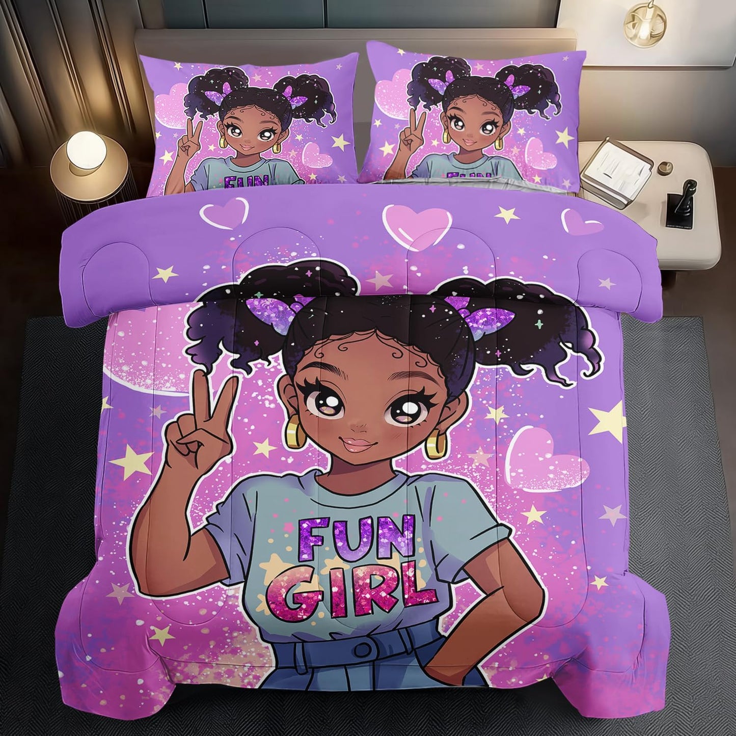 African American Black Girl Comforter Set King Size,Cute Black Girl Bedding Set King for Kids,Kawaii Heart Comforter Purple Bedding Decor for Teen,Purple Bed Quilt