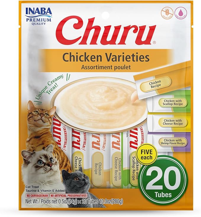 INABA Churu Cat Treats, Grain-Free, Lickable, Squeezable Creamy Purée Cat Treat/Topper with Vitamin E & Taurine, 0.5 Ounces Each Tube, 20 Tubes, Chicken Variety