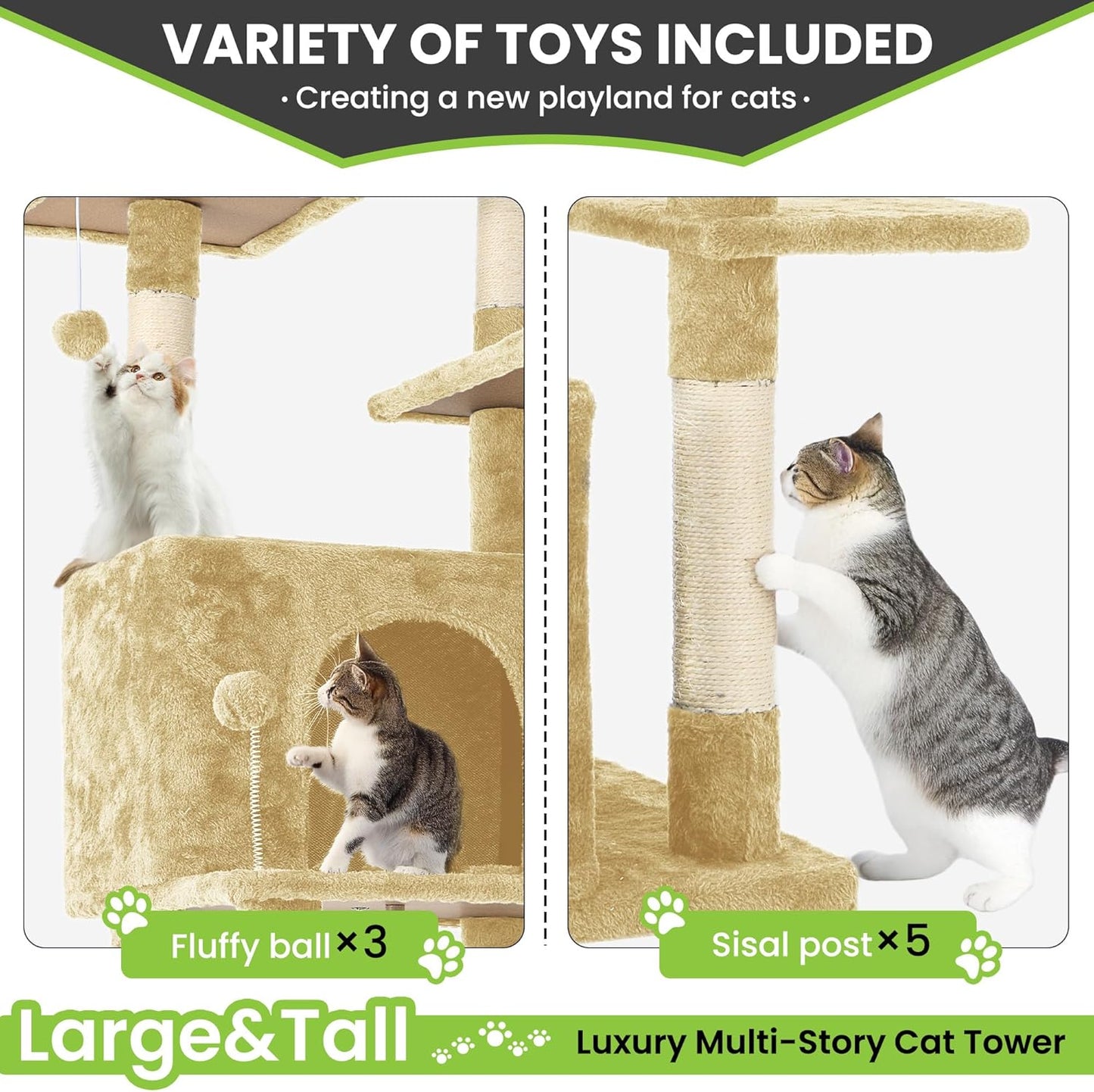 69in Large Cat Tree Tower for Indoor Cats with Soft Plush Hang Ball, Two Condos, Sisal Scratch Posts & Rope Play for Kittens/Adult Cats, Beige