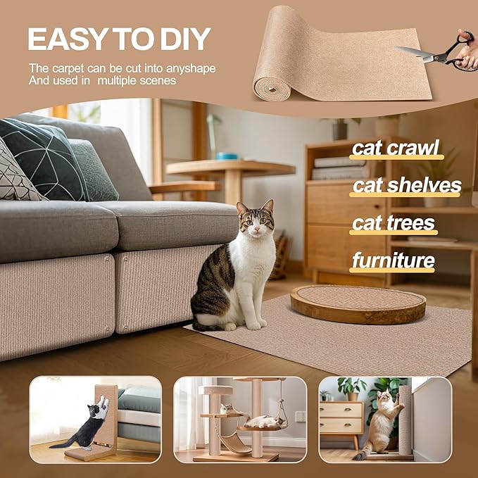 78.7"x15.8" Cat Scratch Mat Couch Furniture Protector,DIY Climb Cat Scratcher for Cat Couch Furniture or Wall Protector,Covering Cat Tower for Claws Scratching for Indoor (Beige)