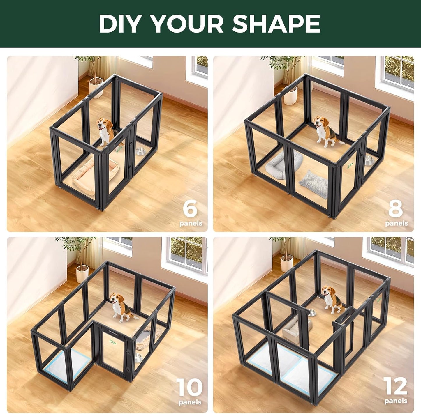 FXW AuraSpace Acrylic Indoor Unleashed Dog Playpen for Medium Dogs, 35 Inch, 10 Panels, Black