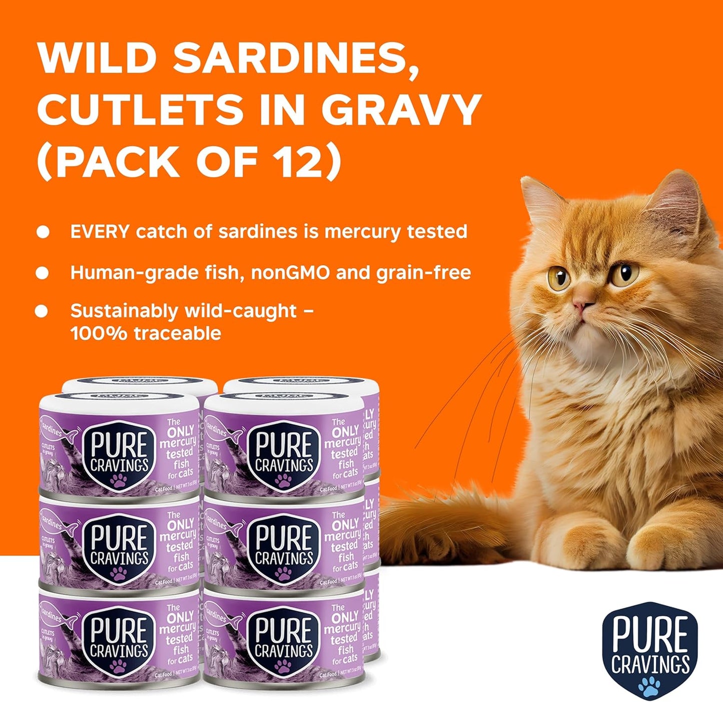 Wet Cat Food Canned Sardines Cutlets in Gravy, Every Catch is Mercury-Tested, Moist Can Fish for Cats, Grain-Free, Protein, Non-GMO, Pack of 12