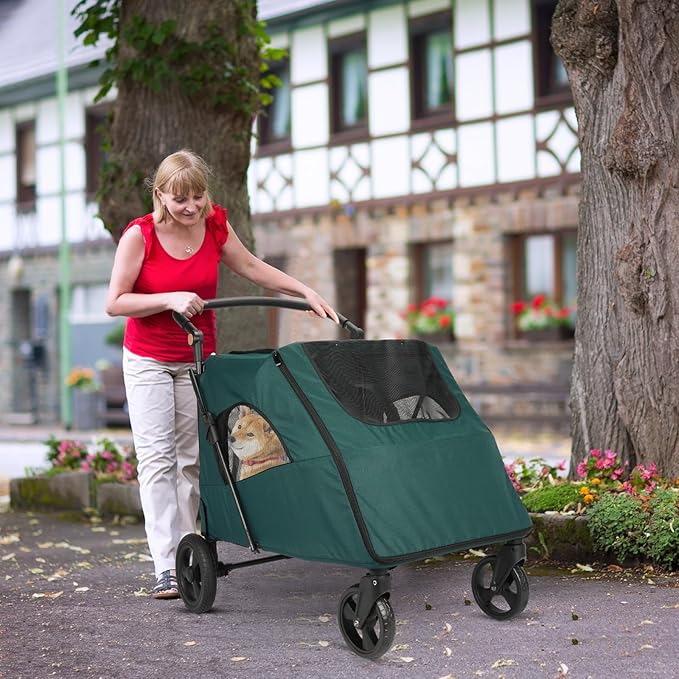 Large Dog Travel Stroller with 4 Heavy Duty Wheels Pet Stroller with Adjustable Handle - Double Doggie Capacity Jogger Wagon with Back Front Door for Small Medium Large Dogs (Dark Green-C)