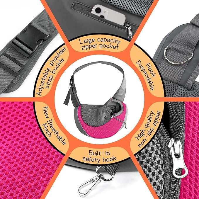 YUDODO Pet Sling Carrier for Small Dogs & Cats – Hands-Free Puppy Carrier with Safety Hook, Large Zipper Pocket, Soft Breathable Mesh, Adjustable Strap & Reflective Strip (Pink 1.0 S)