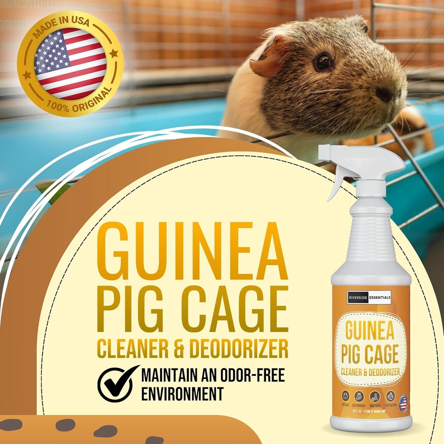 32oz Guinea Pig Cage Cleaner & Deodorizer Spray - Safe & Effective Odor Eliminator for Small Animal Cages - Non-Toxic & Pet Safe Friendly Formula - Made in the USA