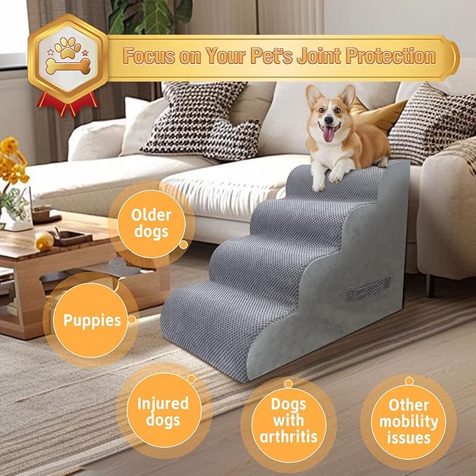 PAWSCART Dog Stairs for Small Dogs and Cats, 4-Step Dog Steps for Bed, 19.6" H Pet Stairs for High Bed, Pet Ramp for Couch, Sofa, Non-Slip Surface Removable Washable Cover, LightGrey
