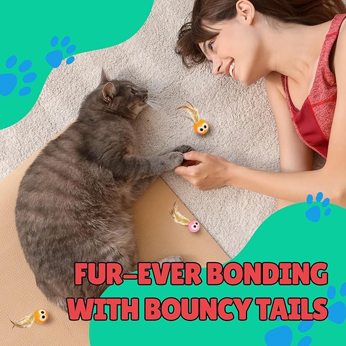 Bouncy Tails 5 Pack Interactive Bouncy Ball with Natural Feathers for Indoor Cats and Kittens who Love to Play and Have Fun.