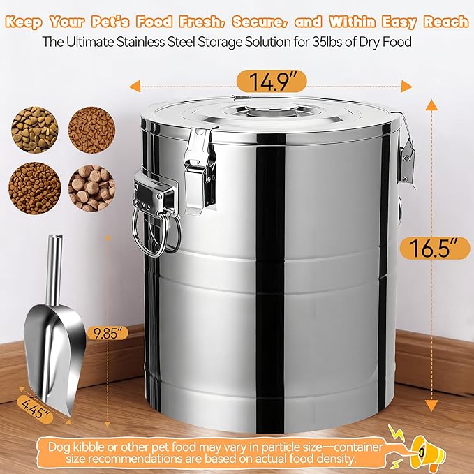 35lb Stainless Steel Dog Food Storage Container, Large Capacity Metal Pet Food Storage Container with Scoop, Airtight Dog & Cat Food Treat Bin for Dry Food Keep Fresh for Multi-Pet Households