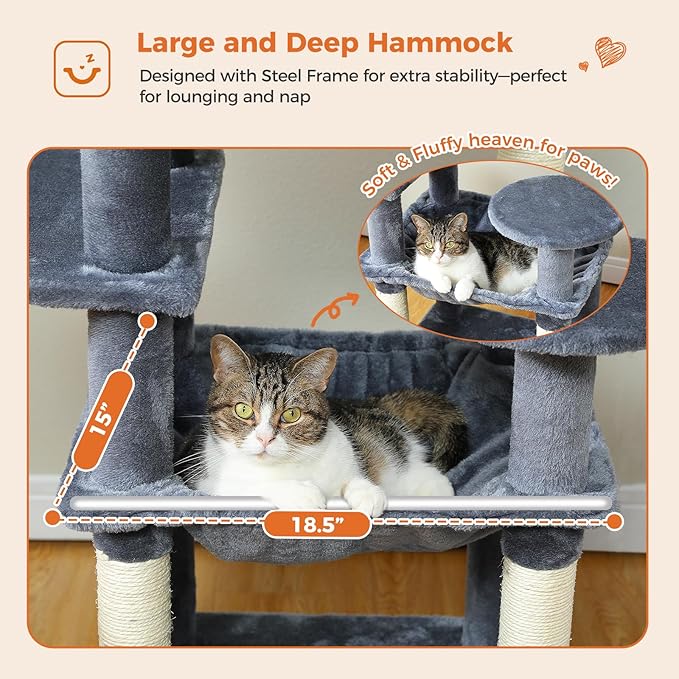 Cat Tree for Indoor Cats, 64.5" Tall Cat Tower with 2 Cozy Condos, Scratching Posts, Large Hammock and Dual Padded Perches, Multi-Level Activity Center for Large Cats, Dark Grey