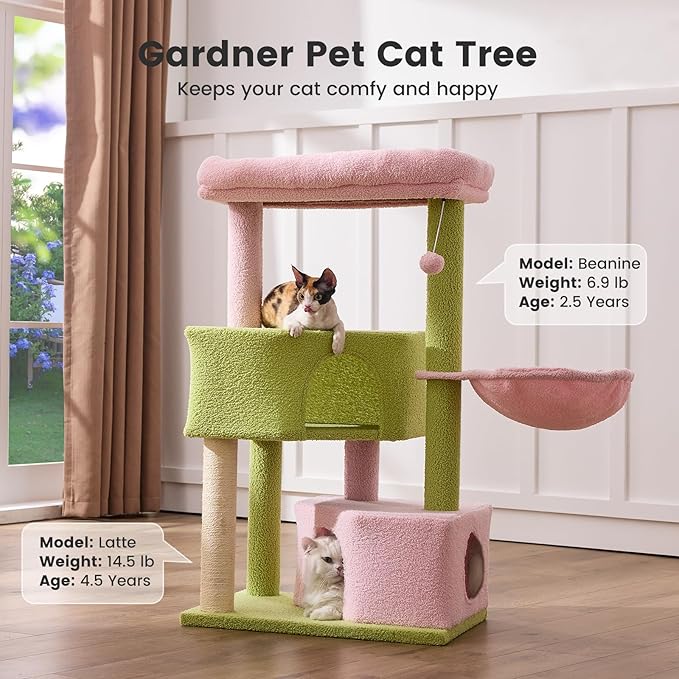 Gardner Pet 41" Tall Pink&Green Cat Tree for Medium-Large Cats, Heavy Duty Cat Tower with 2.8in Posts & Washable Top Perches, Space-Saving Cat Furniture for Apartments, Easy to Assembly