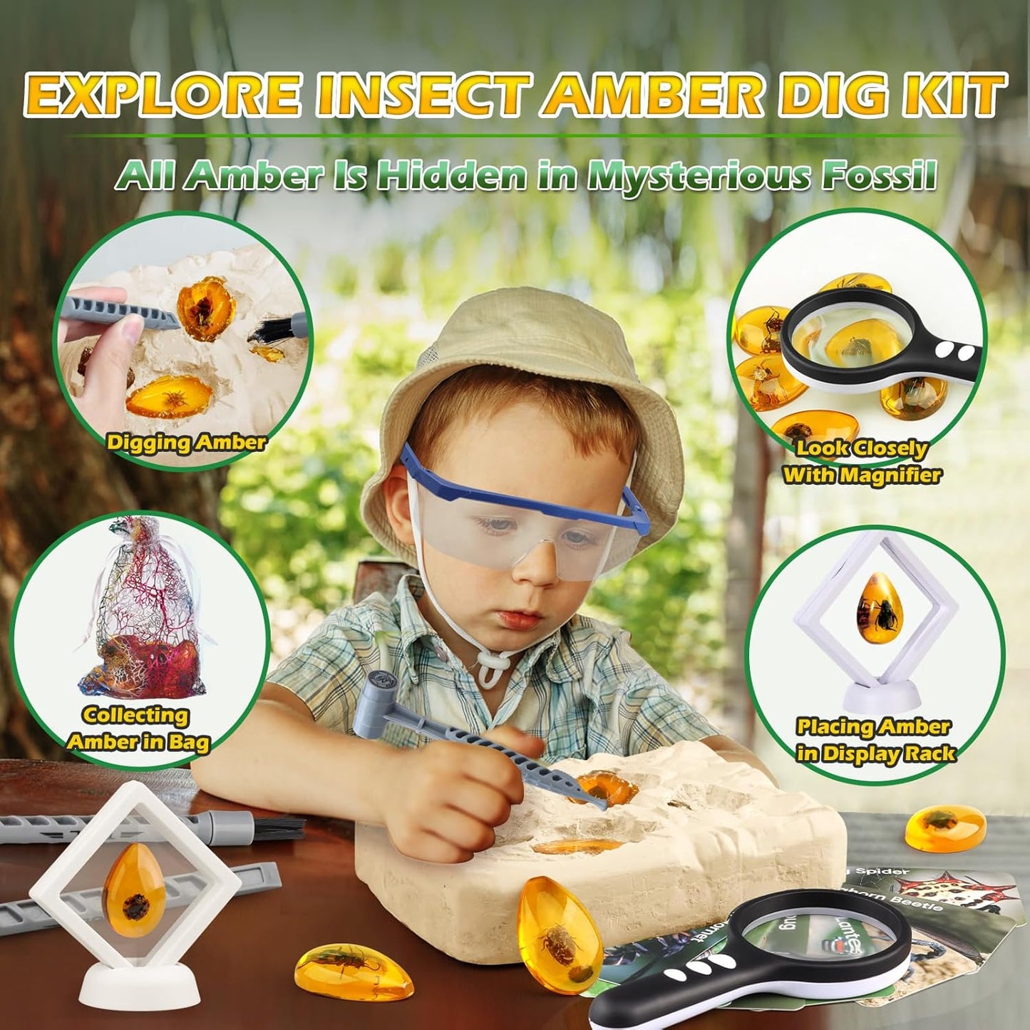 Amber Dig Kit - Insects in Resin, 8 Insects Specimens Excavation Kit, Gemstone Bugs for Kids, Fossil Bug Toys Dig Kits for Bugs Collection, Insect Toys for Boys Girls 6 and up Year Old Birthday Gifts