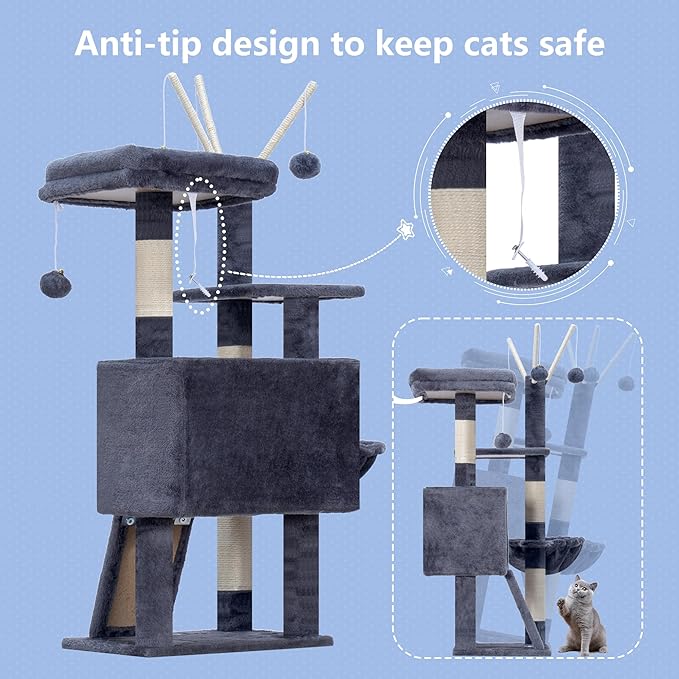 Hey-brother Cat Tree Tower, Scratching Posts with Removable Toys, Cozy Condo, Platform, Hammock, Sisal Scratch Board and Ball for Indoor Kittens, 41.3 Inches, Smoky Gray MPJ008SG