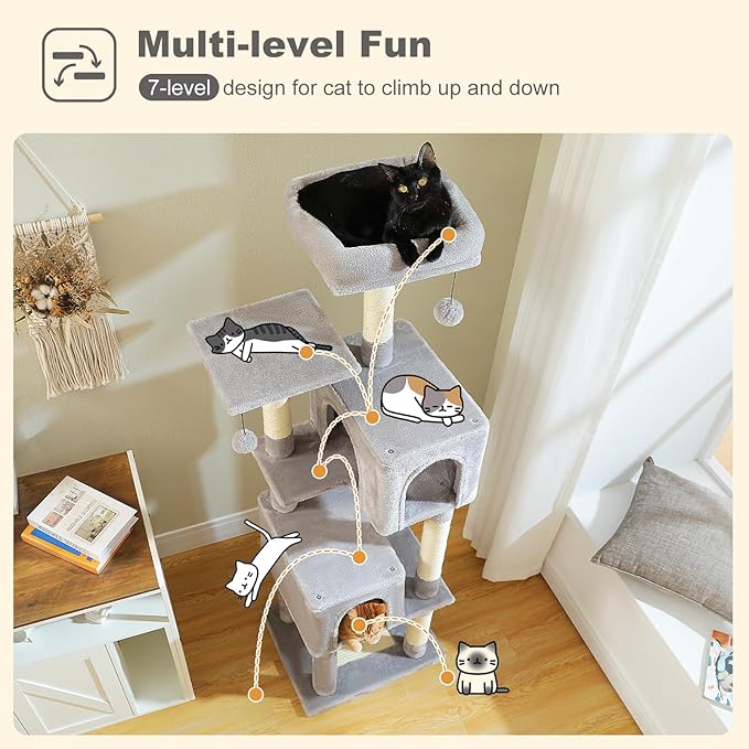 62" Cat Tree for Indoor Cats, Multi-Level Cat Tower with 2 Spacious Condos, Dual Top Perches, Scratching Pad, 4 Scratching Posts, 2 Pompoms, Grey