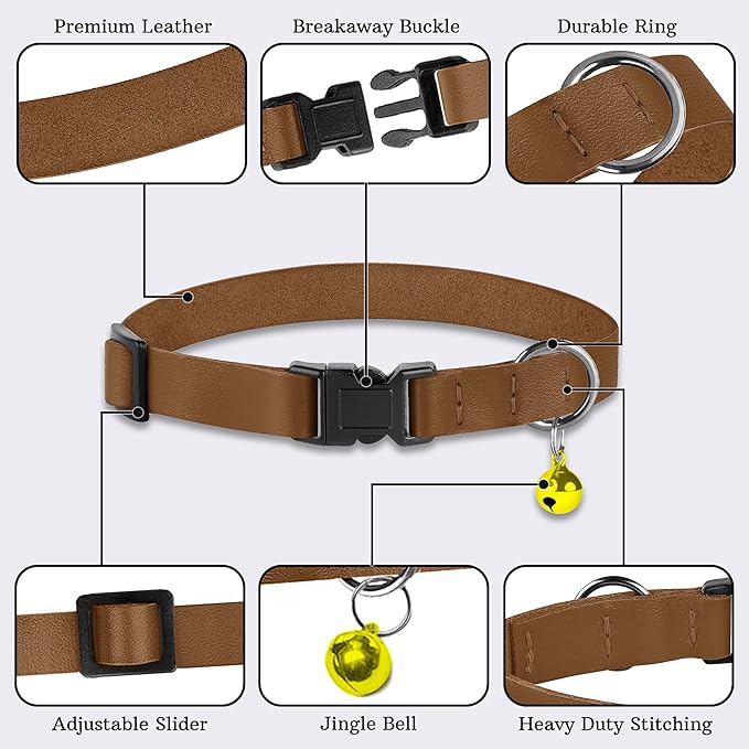 Breakaway Cat Collar with Bell - Leather Adjustable Kitten Collars with Safety Quick Release Buckle - Soft Small Pet Collars for Girl & Boy Cats (Brown)