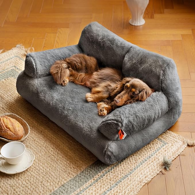 MEWOOFUN Dog Couch, Supportive Small Dog Bed for Puppy and Cats with Removable Washable Cover, Fluffy Cat Couch with Non-Slip Bottom (Dark Grey, 26.0" L X 19.0" W X 13.0" Th)