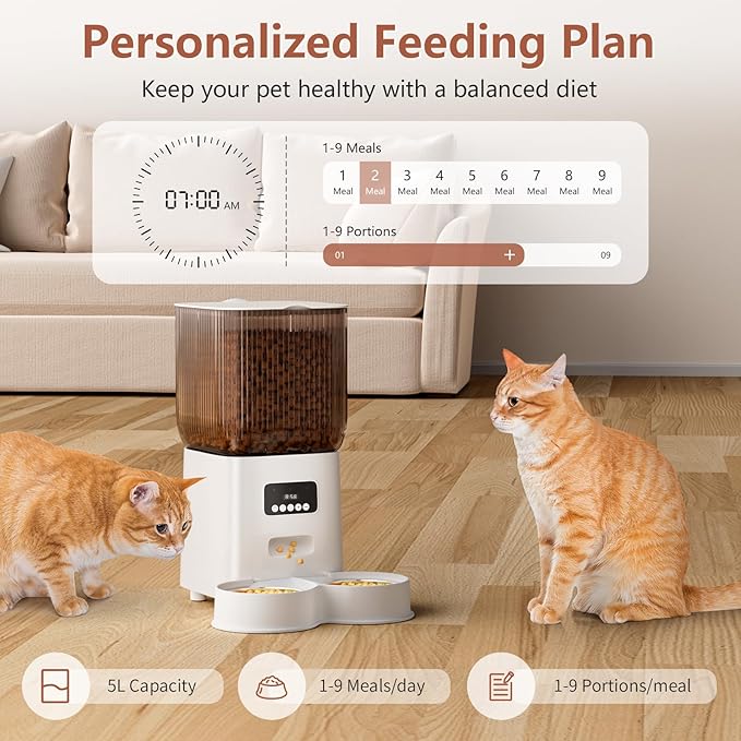 Automatic Cat Feeder, 5L Timed Cat Food Dispenser with Programmable Portion Control, Pet Feeder up to 9 Meals per Day for 2 Cats, Automatic Pet Feeder for Small Dogs Indoor(Botton)