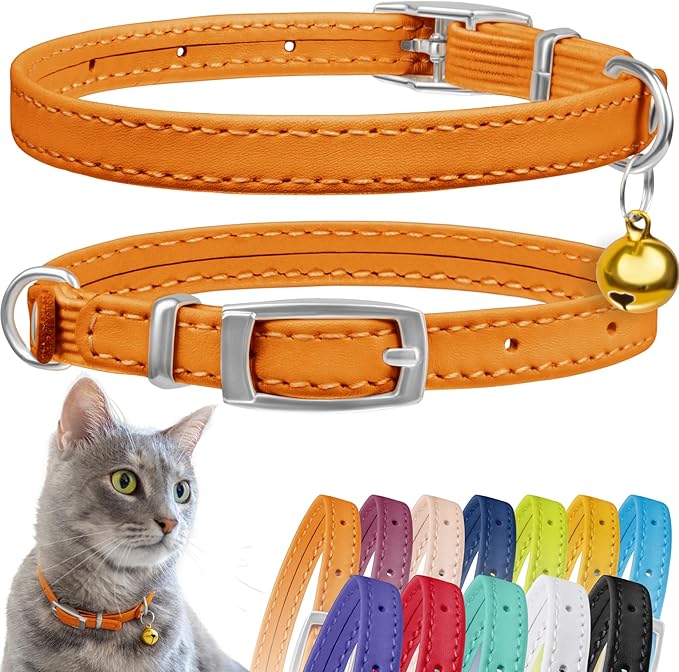 CollarDirect Leather Cat Collar, Cat Safety Collar with Elastic Strap, Kitten Collar for Cat with Bell Black Blue Red Orange Lime Green (Neck Fit 6&quot;-7&quot;, Orange)