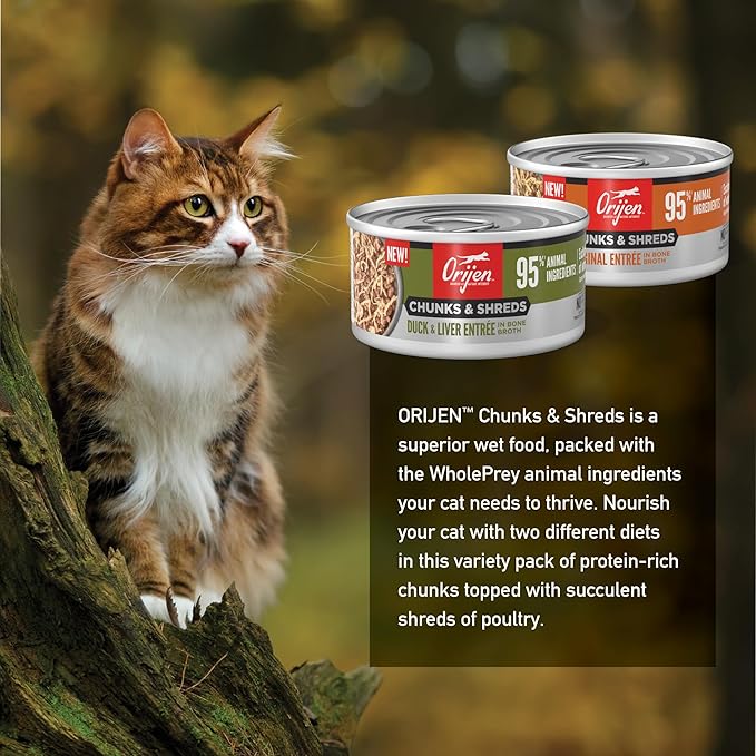 ORIJEN Chunks & Shreds Wet Cat Food Variety Pack: Original + Duck & Liver Recipes 3oz Cans (12 Count, 6 of Each)