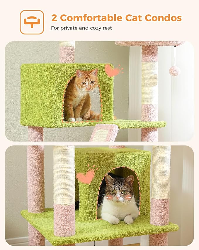 Flower Cat Tree, 70.9-inch Tall Cat Tower in Blossom Pink with 2 Condos & Large Hammock, Whimsical Cat Activity Center with Pom Poms for Indoor Cats