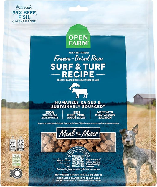 Open Farm, Freeze Dried Raw Dog Food, Morsels with 95% Meat, Organs & Bone, Organic Produce & Superfoods, Complete Meal or Freeze Dried Dog Food Topper, Surf & Turf Recipe, 13.5oz Bag
