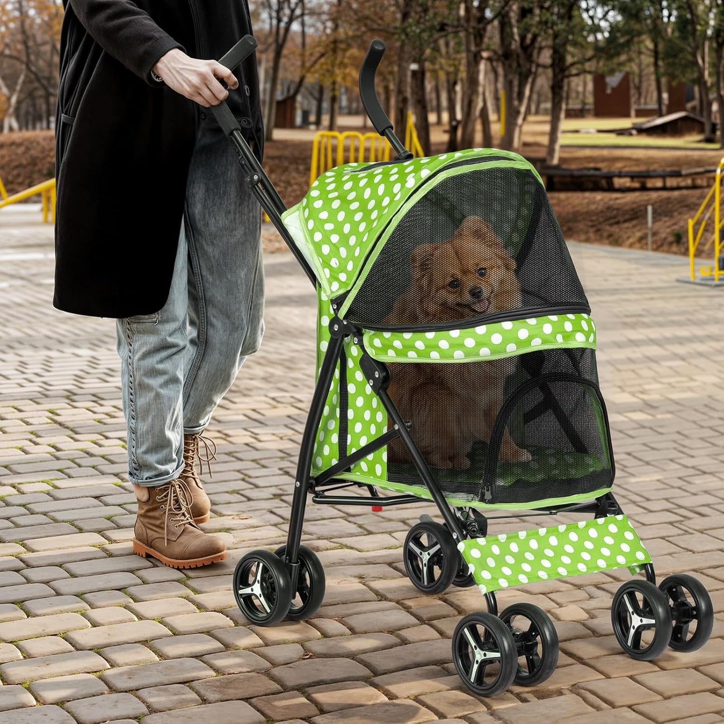 Magshion Compact Pet Stroller for Small-Medium Dogs/Cats up to 22lbs, 4-Wheel Lightweight Umbrella Shaped Portable Puppy Travel Jogger with Breathable Mesh & Rear Storage, Lawn Green Polka Dots