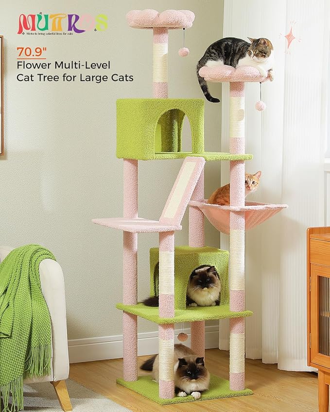Flower Cat Tree, 70.9-inch Tall Cat Tower in Blossom Pink with 2 Condos & Large Hammock, Whimsical Cat Activity Center with Pom Poms for Indoor Cats