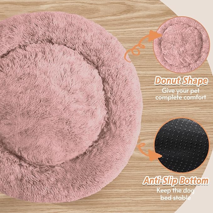 JOLLYVOGUE Small Dog & Cat Beds for Indoor Cats, Donut Cuddler Warming Soft Dog Beds with Anti-Slip Bottom, Round Calming Fluffy Plush Faux Fur Cushion Bed for Small Dogs (20", Dark Pink)