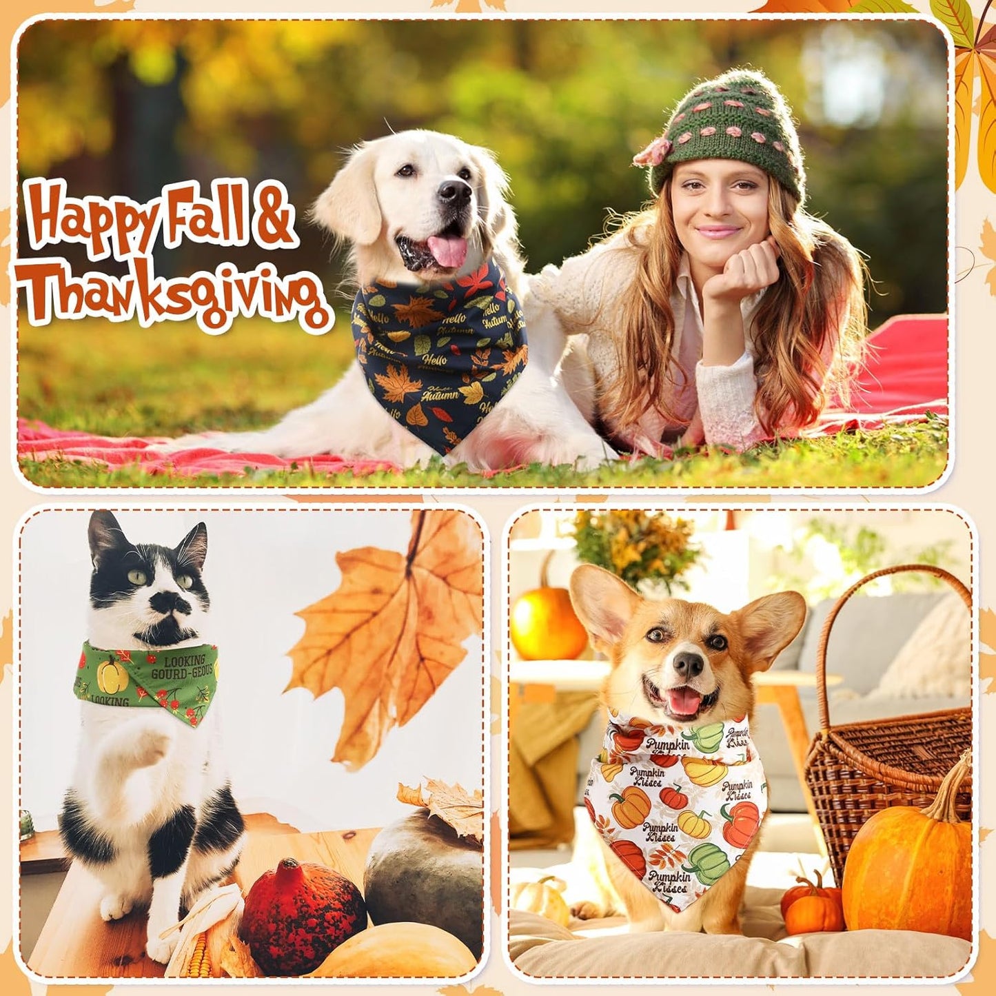 Abbylike 50 Pcs Fall Dog Bandanas Bulk Pet Scarfs Triangle Bibs Adjustable Washable Puppy Kerchief Seasonal Pet Costume Accessories Grooming Supplies for Small Medium Large Dogs Cats