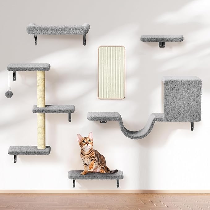 6-in-1 Wall Mounted Cat Climber Set for Heavy Cats，Wall Shelves,Stable & Safe Cat Furniture Set for Large Cats, Wooden Climbing Wall with Scratching Post（ Gray）