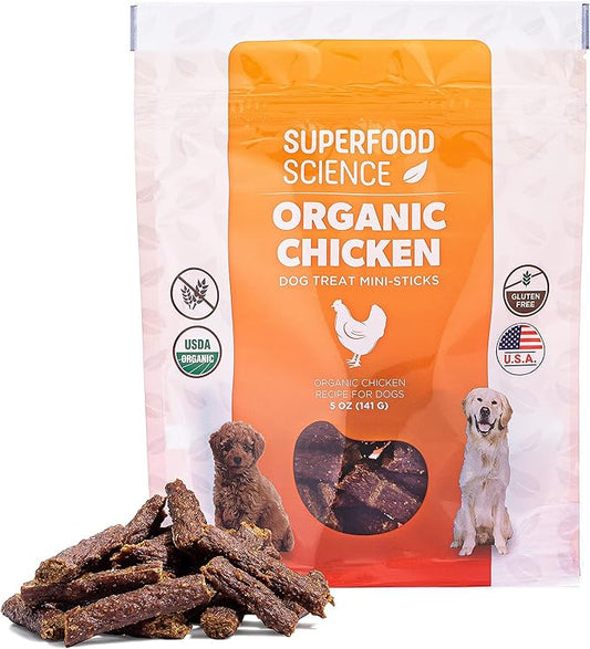 Organic Dog Treats, w/ Chicken, Sweet Potato, Turmeric, & Flaxseed, Low-Calorie, Grain-Free, Semi-Soft, Natural Dog Jerky, Healthy Dog Treats for Training Puppies, Small, Medium & Large Breeds, 5 oz