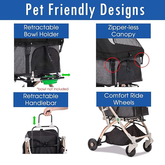 Lite Premium Light-Weight Dog/Cat/Pet Stroller Travel Carriage with Convertible Compartment/Zipper-Less Entry/1-Hand Quick Fold/Aluminum Frame for Small & Medium Pets (Black 2nd-Gen.)