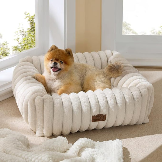 Bedsure Cute Dog Bed for Small Medium Dogs - Washable Furry Puppy Beds, Rectangle Orthopedic Corduroy Fleece Pet Beds with Removable Zipper Cover, 25x21x7inches, Cream