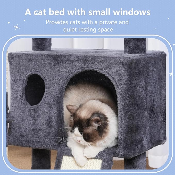 Hey-brother Cat Tree Tower, Scratching Posts with Removable Toys, Cozy Condo, Platform, Hammock, Sisal Scratch Board and Ball for Indoor Kittens, 41.3 Inches, Smoky Gray MPJ008SG