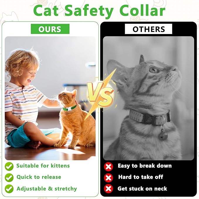 Elastic Cat Collar, Stretch Cat Collar Quick Release, Bright Colors Safety Kitten Collar Adjustable Collar for Kittens, Lightweight Soft Polyester Collars for Boy Girl Cats (Green,L)