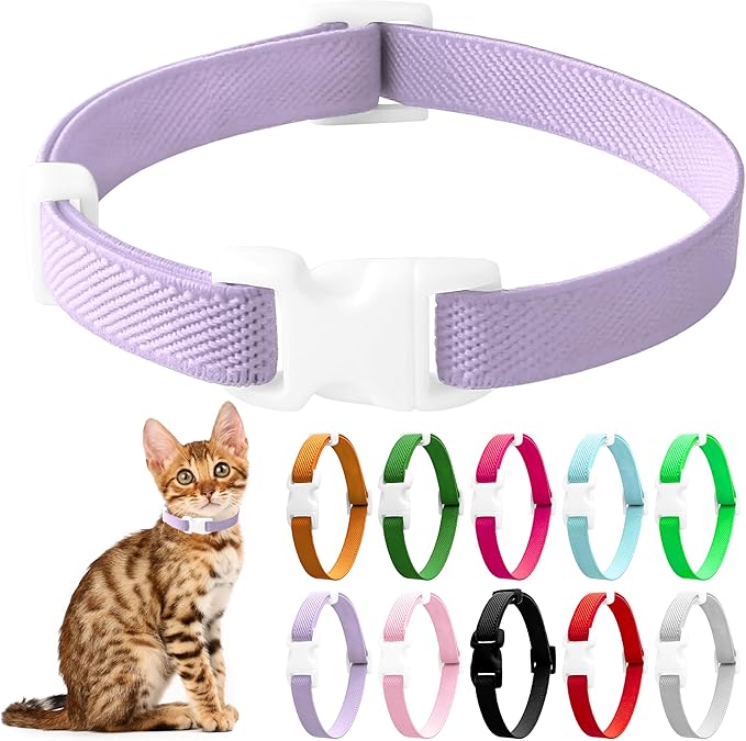 Elastic Cat Collar, Stretch Cat Collar Quick Release, Bright Colors Safety Kitten Collar Adjustable Collar for Kittens, Lightweight Soft Polyester Collars for Boy Girl Cats (Purple,S)