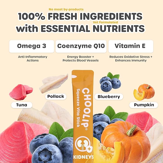 Choolip Squeeze Vita Stick Lickable Cat & Dog Treats – 14 Sticks (2×7 Value Bundle) Kidney Support, Creamy Grain-Free Puree with CoQ10, Omega 3 & Vitamin E for Hydration & Renal Health