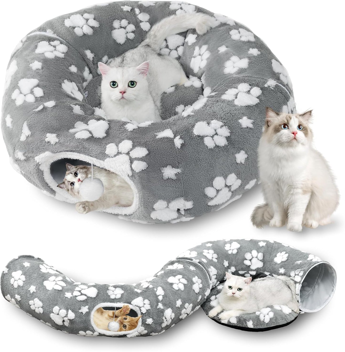 Cat Tunnel for Indoor Cats, Cute Peekaboo Cave with Dangling Balls, Pet Donut Tunnel Bed with Circle Mat for Puppy Kitten Rabbit, Grey