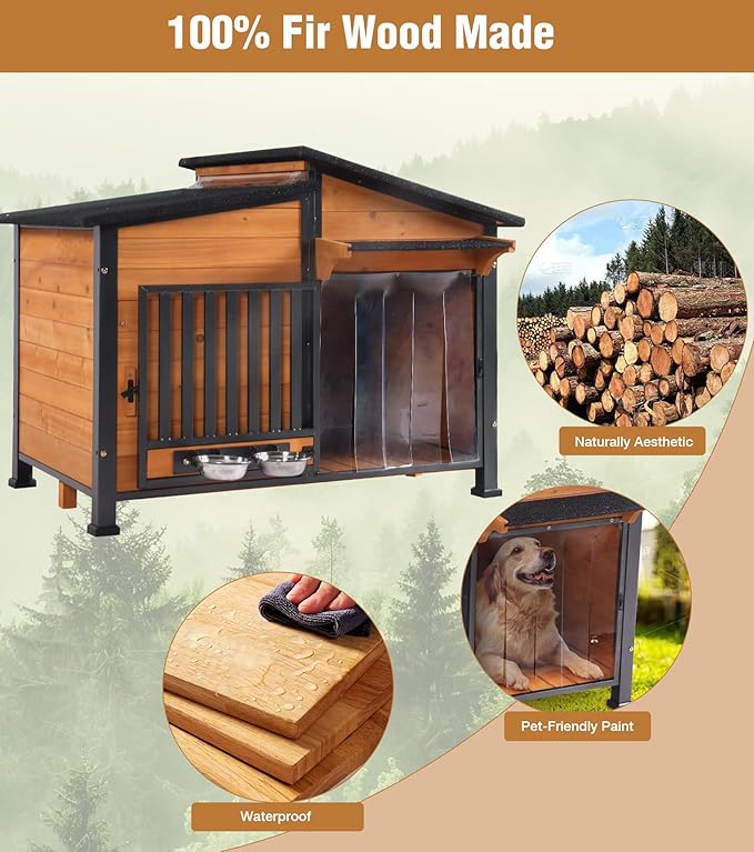 GUTINNEEN Heated Dog House Outdoor with Electric Heating Pad, Insulated Wooden Dog Kennel with 360° Rotating Feeding Bowl, Anti-Chewing Metal Frame, Natural Wood Color