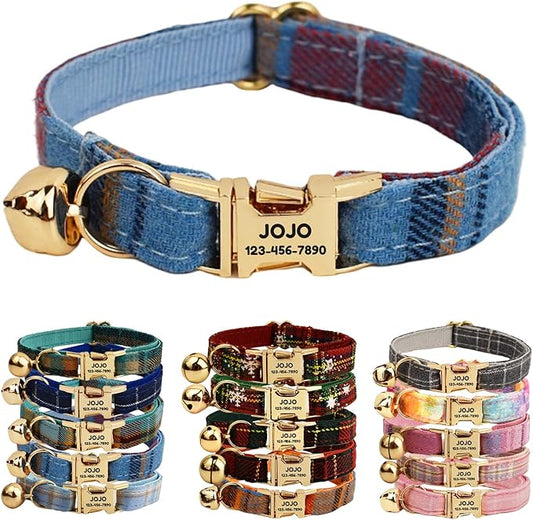 Plaid Polyester Personalized Cat Collar with Name & Owner Phone, Customizable Laser-Engraved, Charming Bell, Metal Buckle for Kittens and Cats - Matching Leash Available (Style-E)