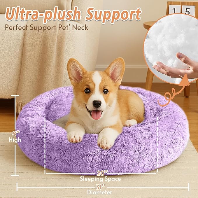 JOLLYVOGUE Small Dog & Cat Beds for Indoor Cats, Donut Cuddler Warming Soft Dog Beds with Anti-Slip Bottom, Round Calming Fluffy Plush Faux Fur Cushion Bed for Medium Dogs (31", Purple)