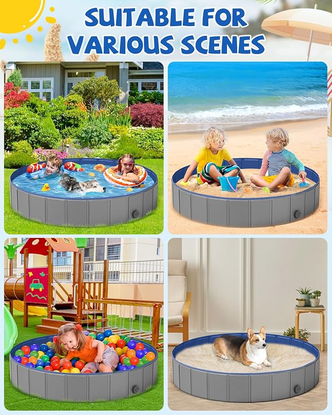 YSJILIDE Portable Dog Pool PVC Pet Swimming Bathtub Collapsible Hard Plastic Pool for Pets to Swim and Bath (XL-63"x 12"Dark Grey)