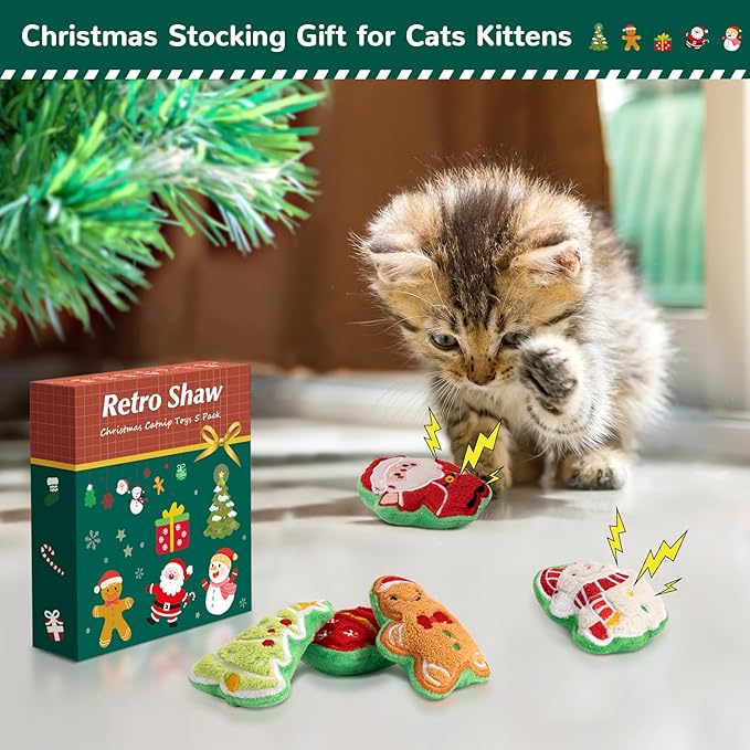 Retro Shaw Christmas Cat Toys, Xmas Catnip Toys for Indoor Cats Kitten Teeth Cleaning, Crinkly Interactive Cat Chew Nip Kitty Kicker Toy Santa Claus Trees Snowman, 5 Pack