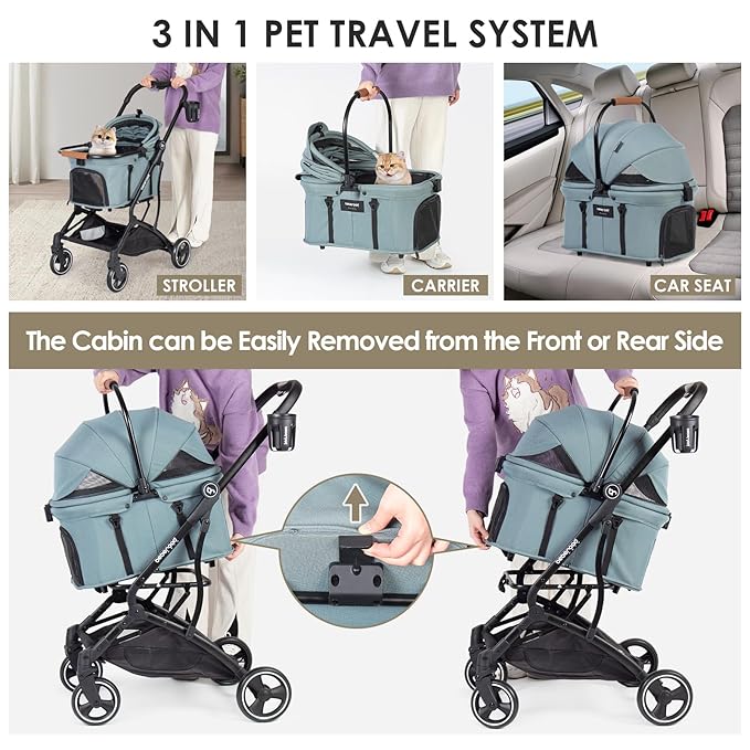 T3 3-in-1 Small Pet Stroller for Dog & Cats, 4 Wheels with Detachable Carrier with Pad, Canopy and Cup Holder (Green)