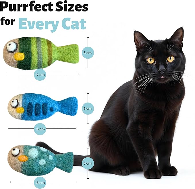Woolbuddy Felted Wool Cat Toys – 3 Fish Kick Toys for Indoor Cats, Catnip-Free & Durable